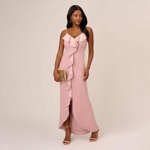 Adrianna Papell Satin Crepe Ruffle Front Long Gown In Steel Rose